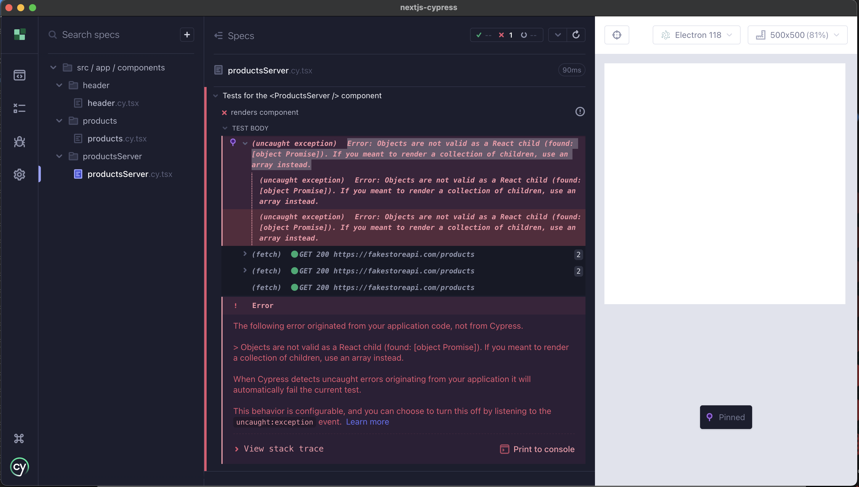 Cypress app showing error